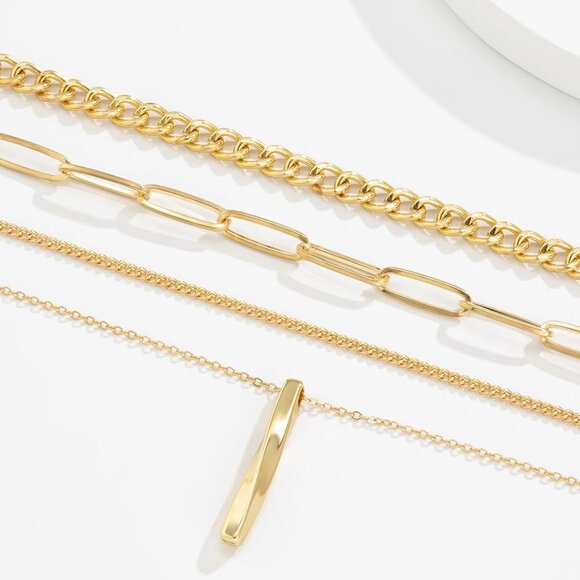 Layered Gold Necklace for Women Chunky Bar Pendant Paperclip Chain Jewelry Gift - Picture 3 of 6